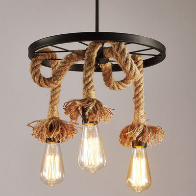 Retro Black Metal Wagon Wheel 3/6 Light Hemp Rope Chandeliers