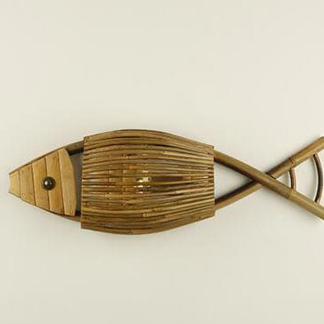 Traditional Rustic Bamboo Weaving Fish Shaped 1-Light Wall Sconce Lamp For Living Room &amp; Dining Room