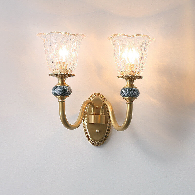 European Luxury Floral Glass Brass Curved Arm 1/2 Light Wall Sconce Lamp