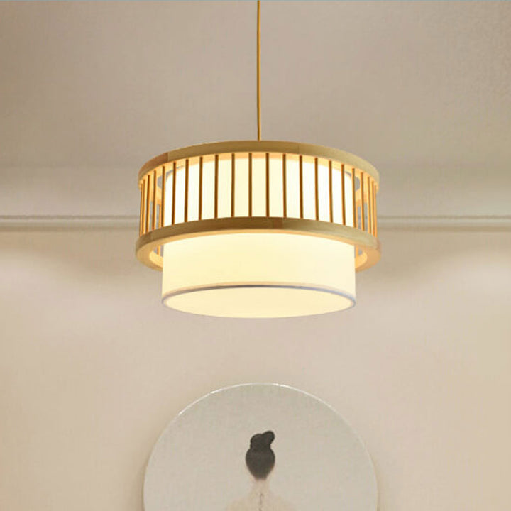 Moderne japanische zylindrische Trommel aus massivem Holz 2/3 Licht Deckenleuchte 