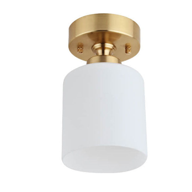 Modern White Glass Cylinder Brass 1-Light Semi-Flush Mount Ceiling Light