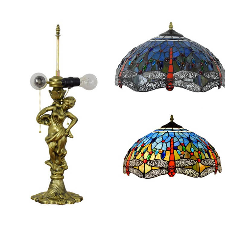 Lámpara de mesa con cremallera de 3 luces de vidrio Tiffany Mediterráneo Libélula 