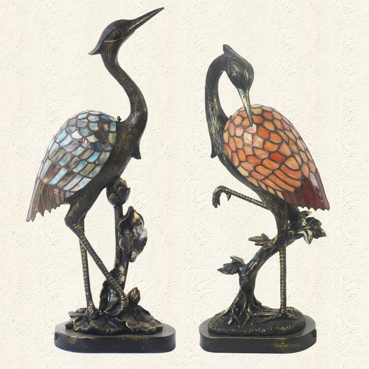 Lampe de table vintage en vitrail à 1 lumière Tiffany Crane 