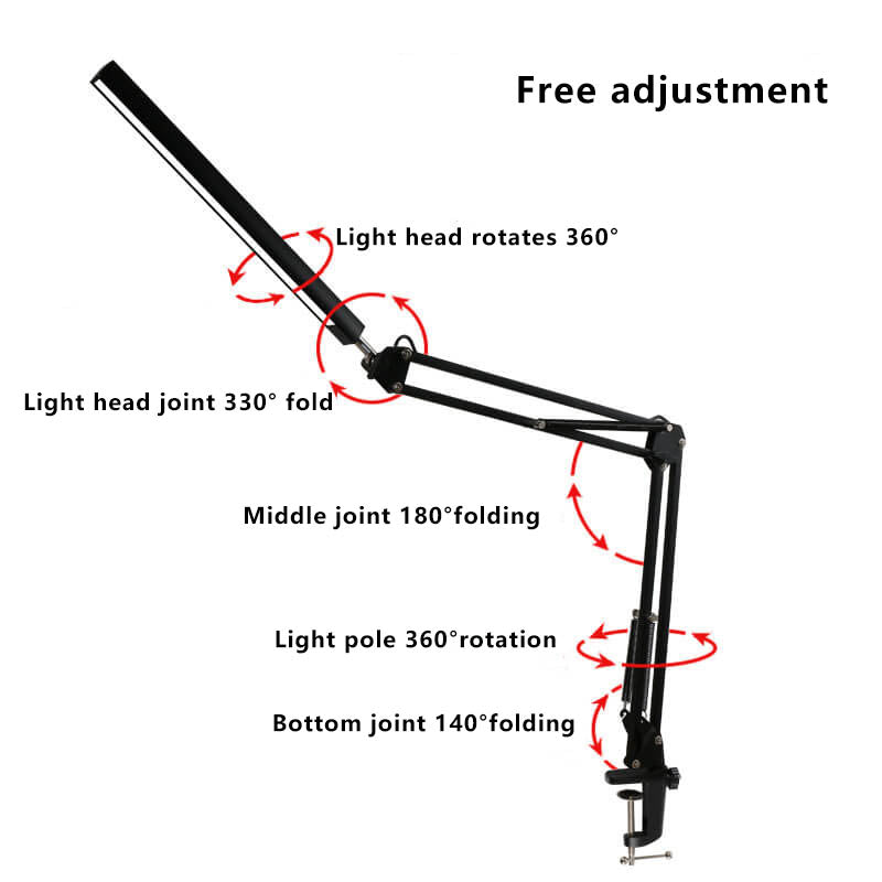 Lampe de bureau de lecture USB à pince à bras long pliable à LED pour protection des yeux