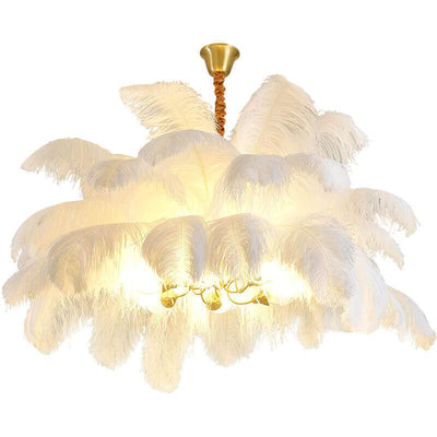 Modern Ostrich Feather 6-Light Brass Chandeliers