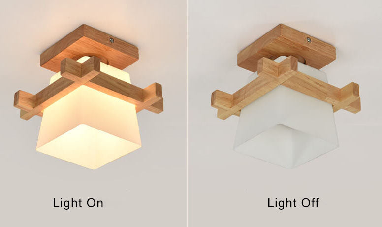 Moderne quadratische Würfel-Deckenleuchte aus Holz mit 1 Leuchte, halbbündige Montage 