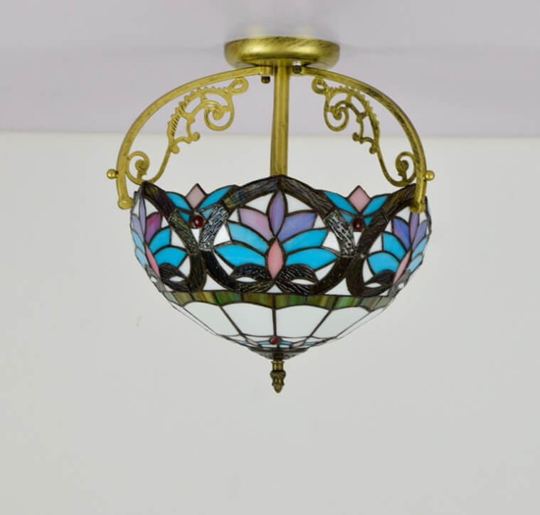 Tiffany Mediterranean Blue Stained Glass 2-Light Semi-Flush Mount Ceiling Light