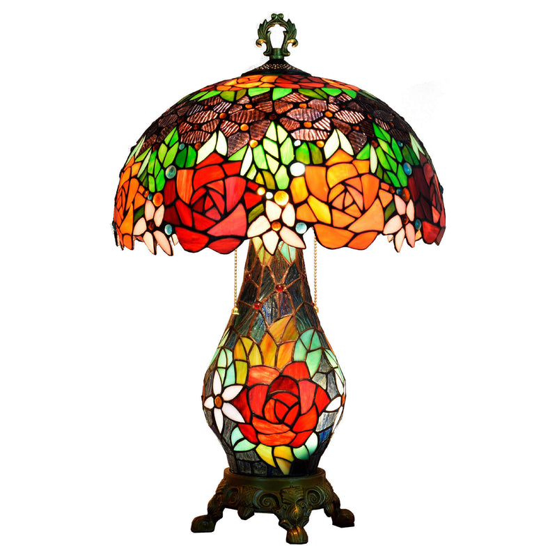 Tiffany Rustic Roses Stained Glass 3-Light Table Lamp