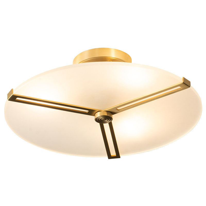 Modern Glass Flat Round Brass 3-Light Semi-Flush Mount Ceiling Light