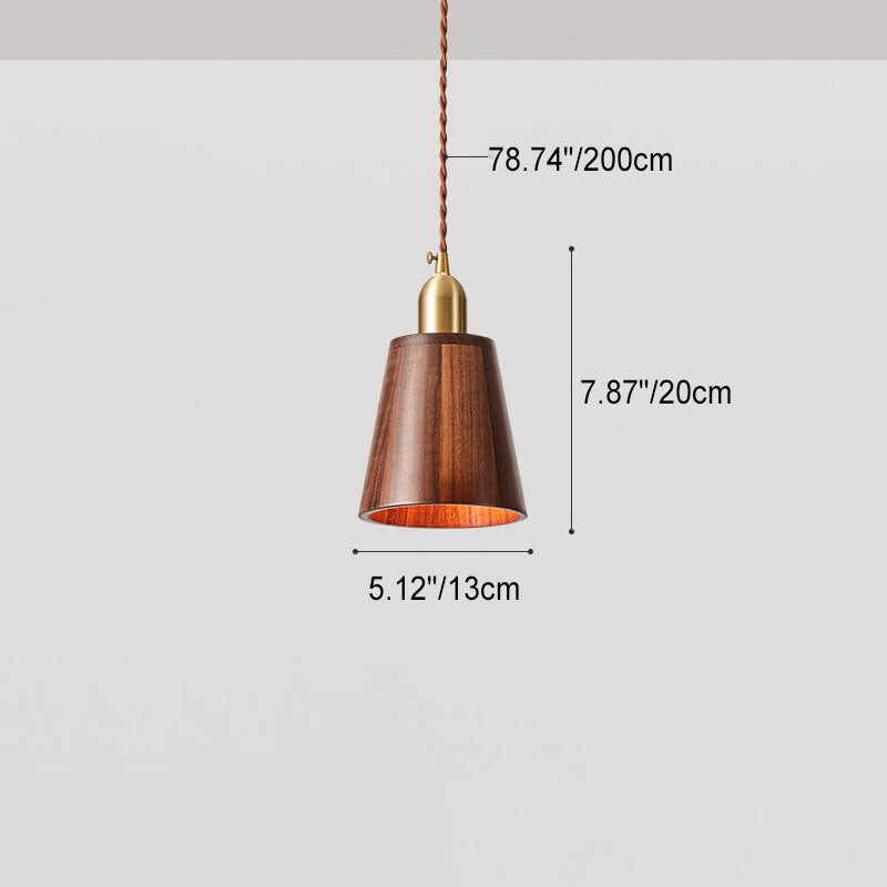 Traditional Vintage Ash Wood Walnut Geometric Round Cone Brass 1-Light Pendant Light for Living Room