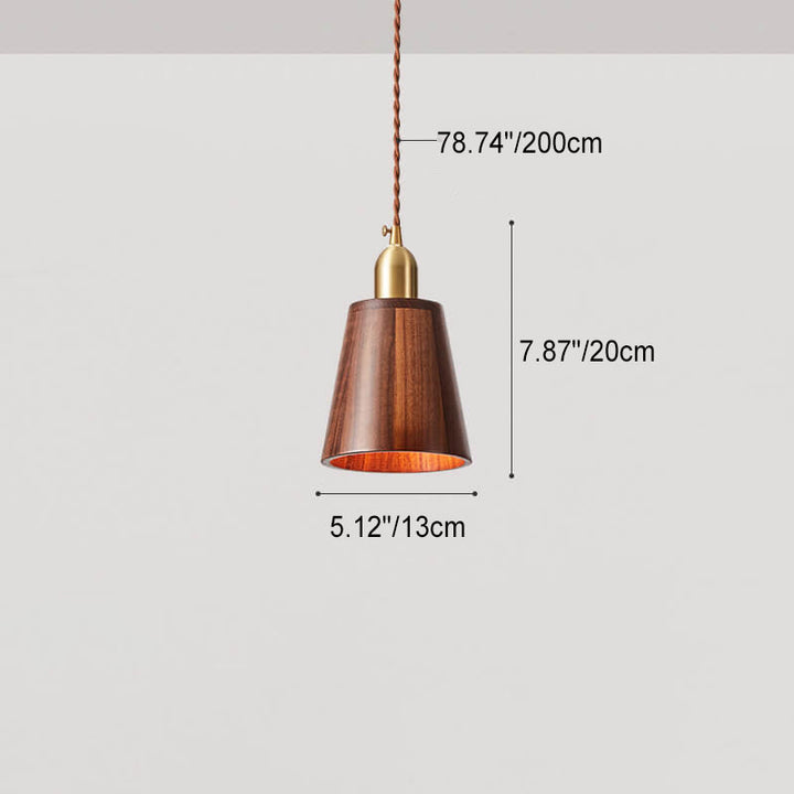 Traditional Vintage Ash Wood Walnut Geometric Round Cone Brass 1-Light Pendant Light for Living Room