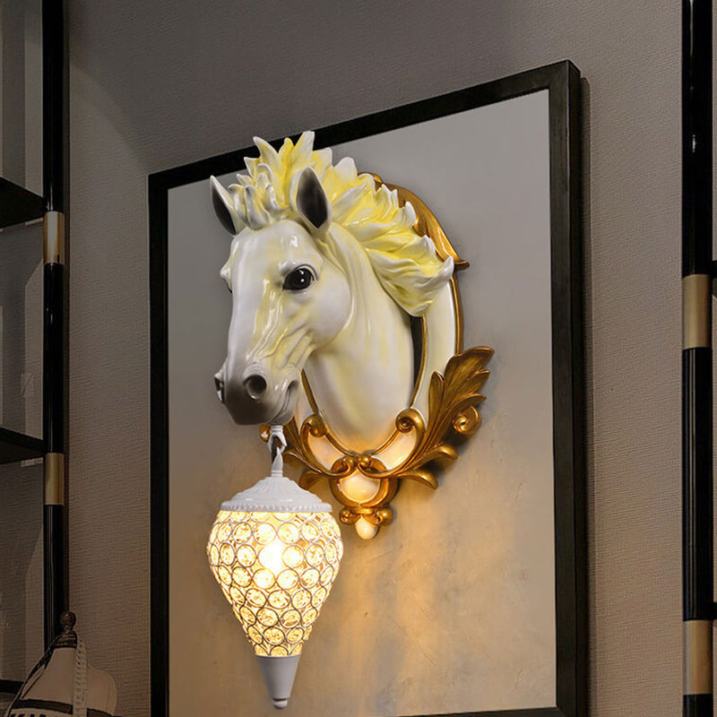 European Vintage Resin Horse Head Lantern 1-Light Wall Sconce Lamp