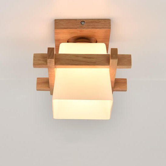 Modern Wooden Square Cube 1-Light Semi-Flush Mount Ceiling Light