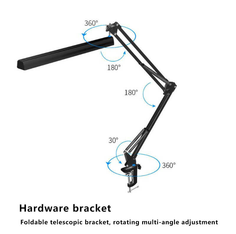 Lampe de bureau de lecture USB à pince à bras long pliable à LED pour protection des yeux