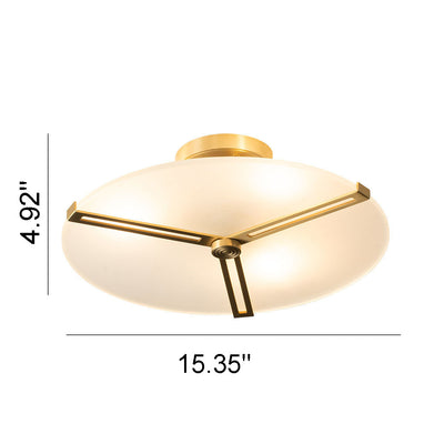 Modern Glass Flat Round Brass 3-Light Semi-Flush Mount Ceiling Light