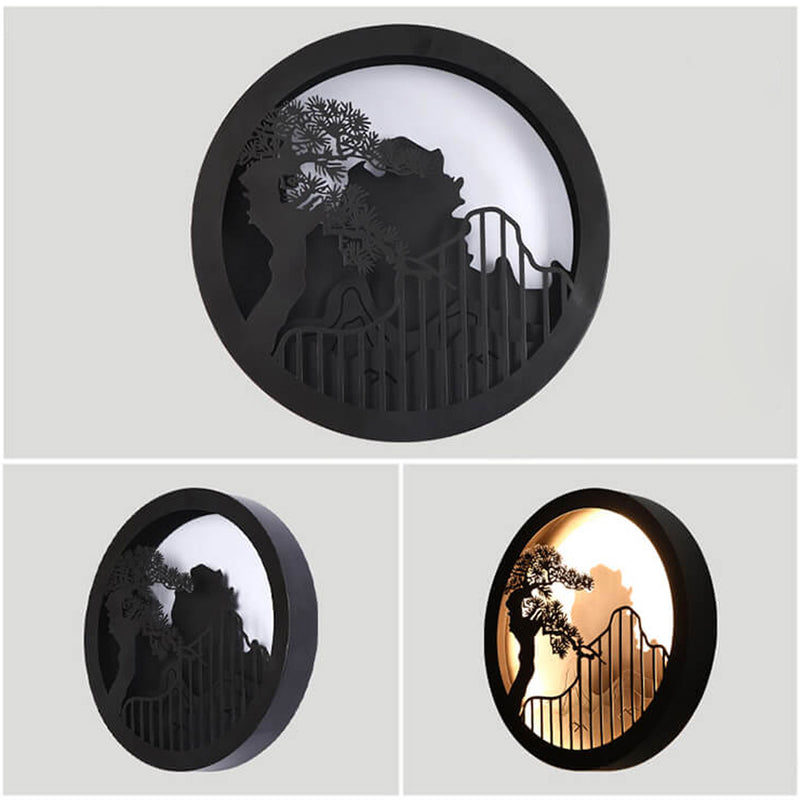 Applique murale LED extérieure ronde Zen paysage chinois moderne en pin 