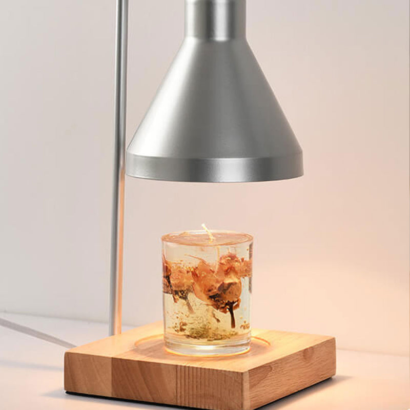 Lampe de table à cire fondante à 2 lumières avec abat-jour conique simple et base en bois 