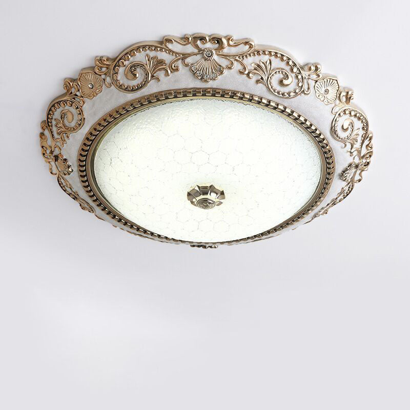European Retro Round Carved Lace Resin Glass LED Flush Mount  Ceiling Light
