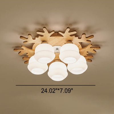 Nordic Solid Wood Antler Frosted Glass Round Shade 3/5/7 Light Flush Mount Ceiling Light