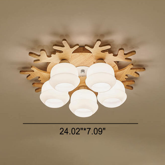 Nordic Solid Wood Antler Frosted Glass Round Shade 3/5/7 Light Flush Mount Ceiling Light