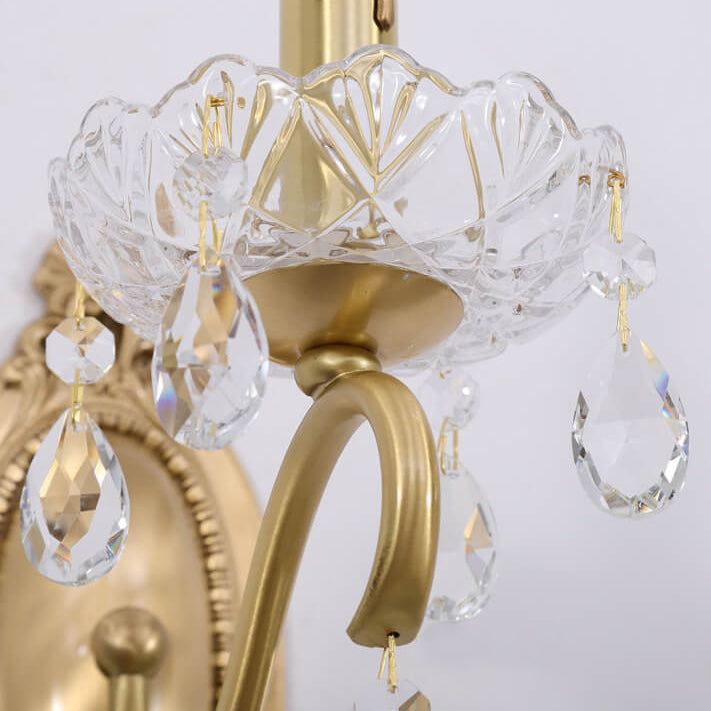 French Vintage Brass Crystal Candle Shade 1/2 Light Wall Sconce