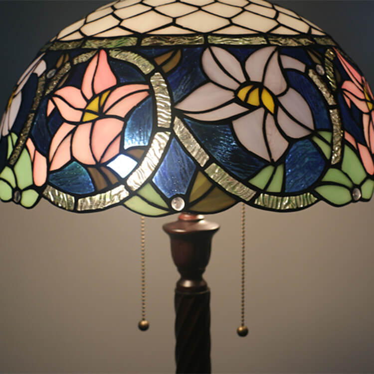 Vintage Tiffany Flower Blue Glass 2-Light Standing Floor Lamp