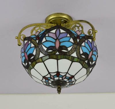 Tiffany Mediterranean Blue Stained Glass 2-Light Semi-Flush Mount Ceiling Light