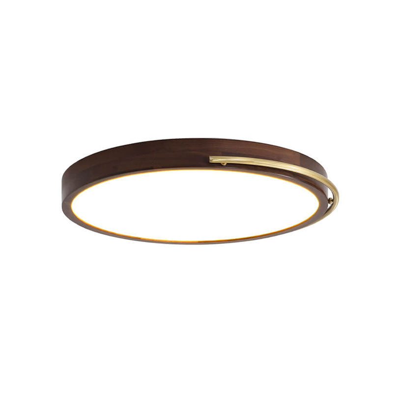 Modern Chinese Walnut Round Copper Ring LED Flush Mount Ceiling Light