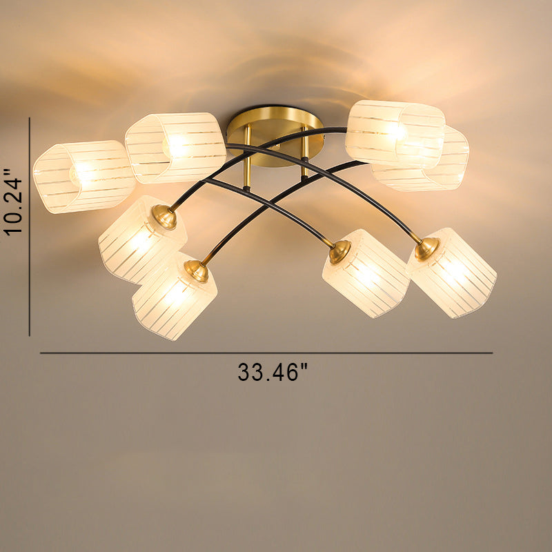 Nordic Vintage Frosted Square Glass Brass 6/8 Light Semi-Flush Mount Ceiling Light