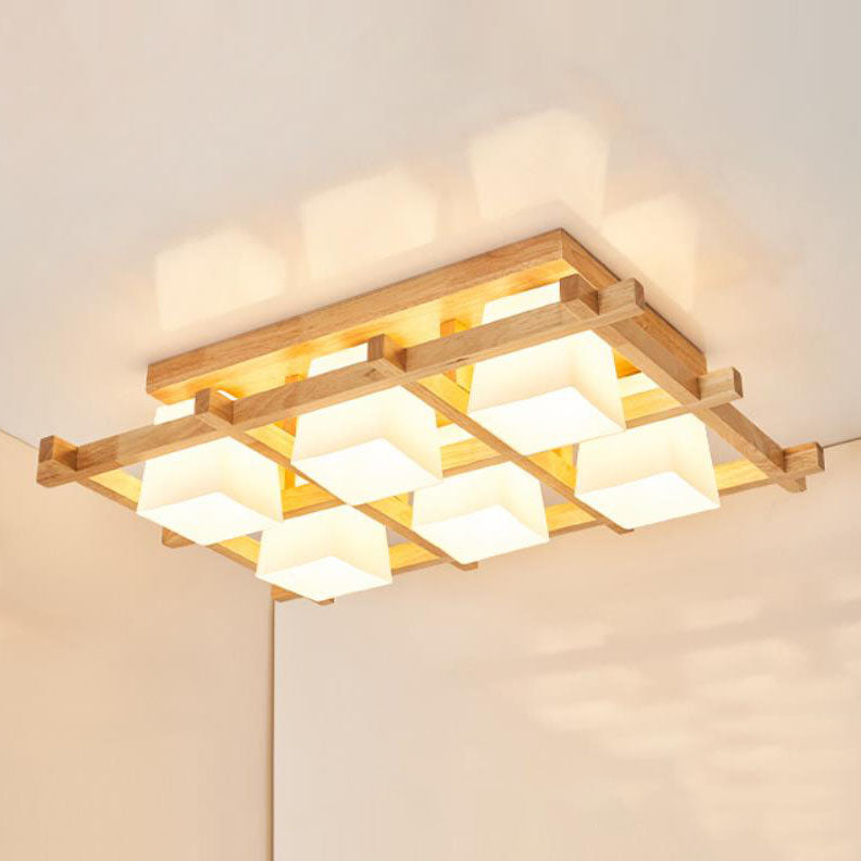 Japanese Minimalist Wooden Square Cube Shade 4/6/9 Light Flush Mount Ceiling Light