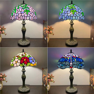 Lampe de table à 1 lumière en verre teinté en alliage Tiffany 