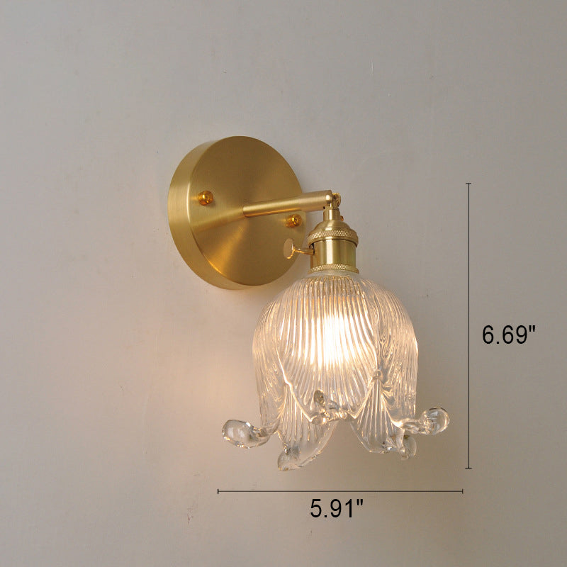 Vintage Japanese Brass Glass Bell Flower 1-Light Wall Sconce Lamp