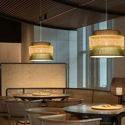 Suspension Luminaire Moderne en Rotin Japonais en Forme de Tambour à 1 Lumière 