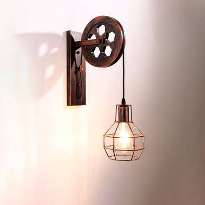 Vintage Industrial Iron Pulley Cage 1-Light Wall Sconce Lamp