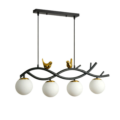 Contemporary Creative Bird Hardware Branch Glass Ball Shade 4-Light Island Light Chandelier For Living Room