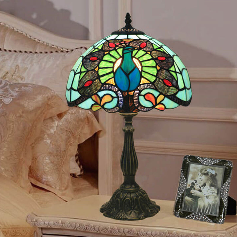 European Tiffany Green Peacock Stained Glass 1-Light Table Lamp