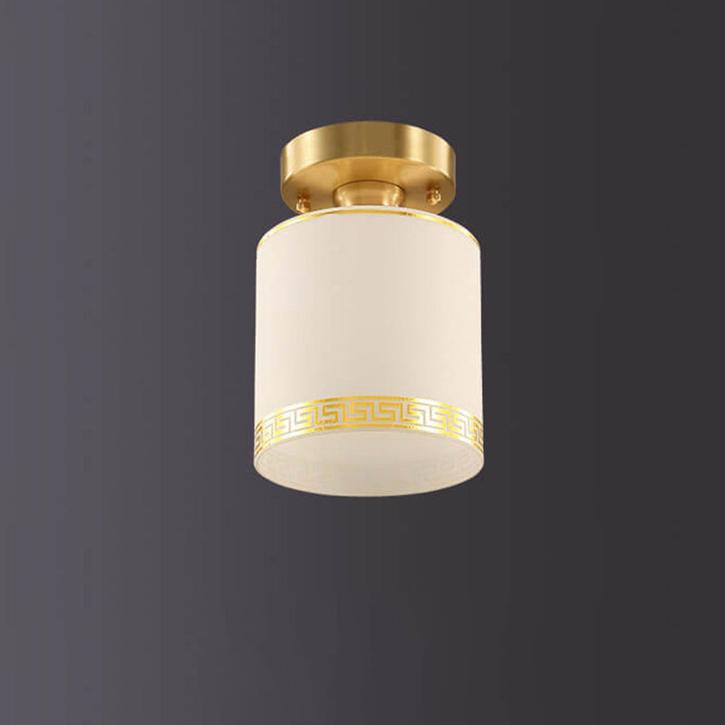 Moderne chinesische Vollmessing-Glas-Zylinder-Deckenleuchte mit 1 Licht, halbbündige Montage