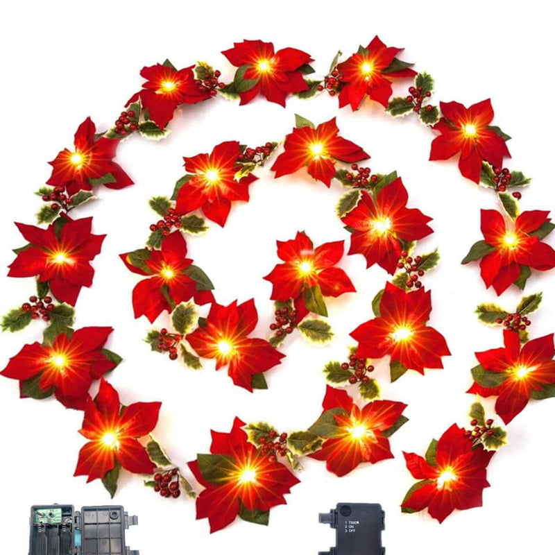 Guirlande lumineuse LED fleur rouge de Noël en faux velours avec fruits 