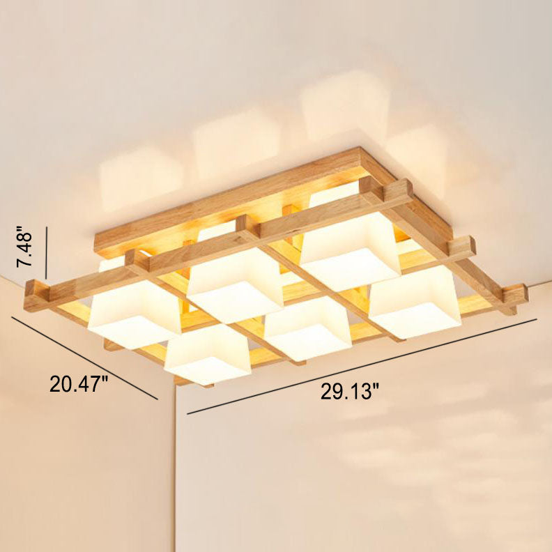 Japanese Minimalist Wooden Square Cube Shade 4/6/9 Light Flush Mount Ceiling Light