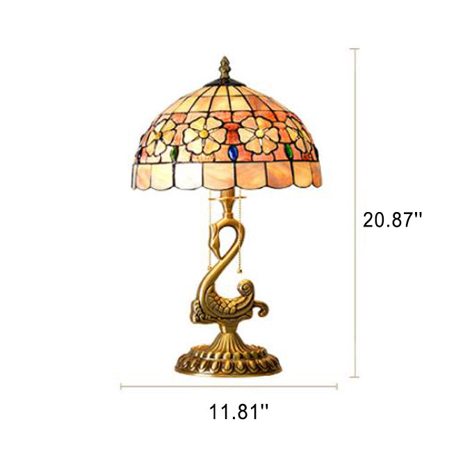 Tiffany Vintage Floral Stained Glass Swan 2-Light Table Lamp