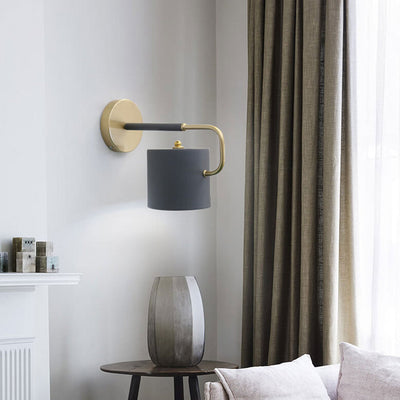 Simple Macaron Cylinder Shade Wood 1-Light Bent Arm Wall Sconce Lamp