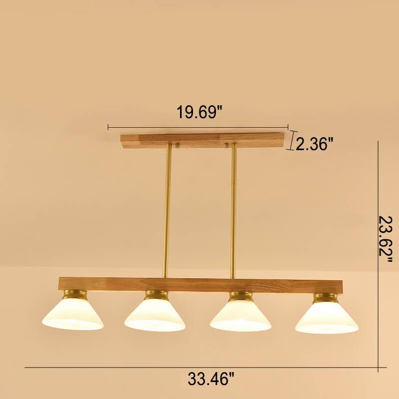 Lámpara de Araña de Isla de 3/4 Luces con Pantalla de Vidrio Cónica de Madera Maciza Nórdica 