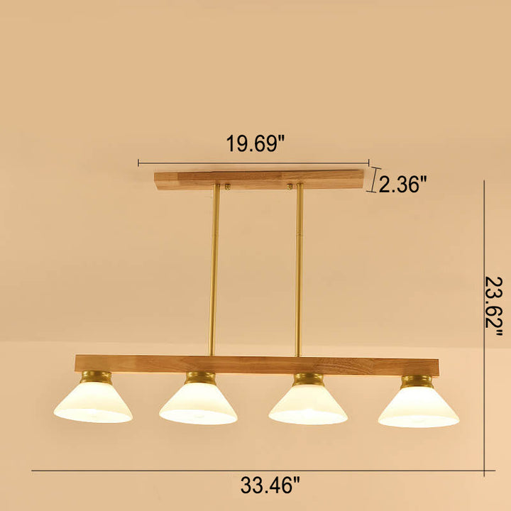 Lámpara de Araña de Isla de 3/4 Luces con Pantalla de Vidrio Cónica de Madera Maciza Nórdica 