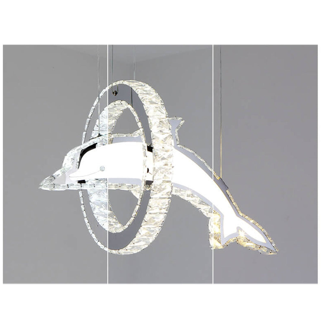 Moderner luxuriöser LED-Kronleuchter aus Kristall und Edelstahl im Delfin-Design für das Wohnzimmer 