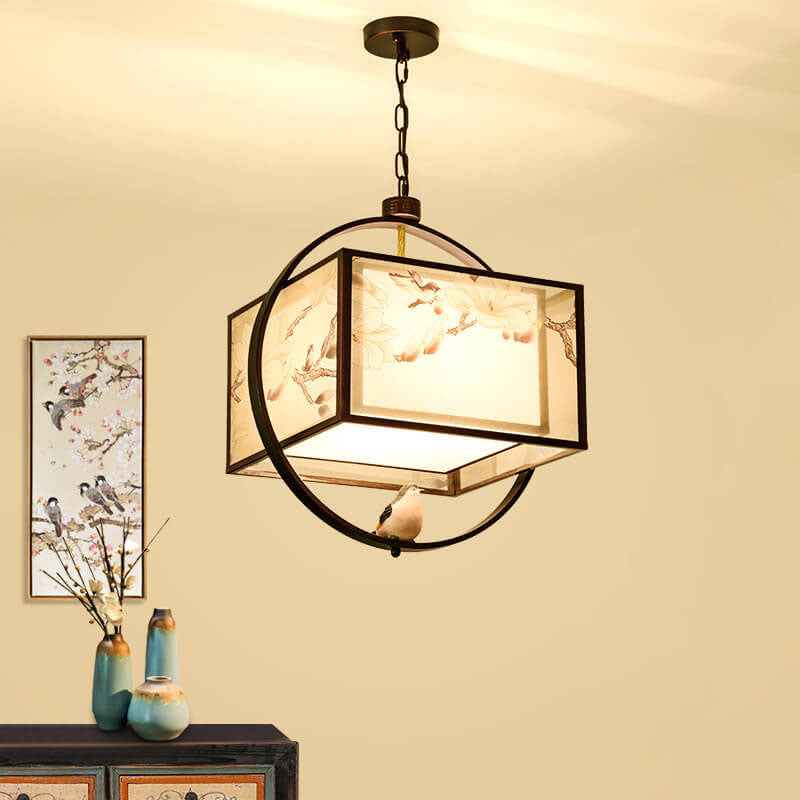 Modern Square Fabric 1-Light Chinese Style Embroidery Pendant Light