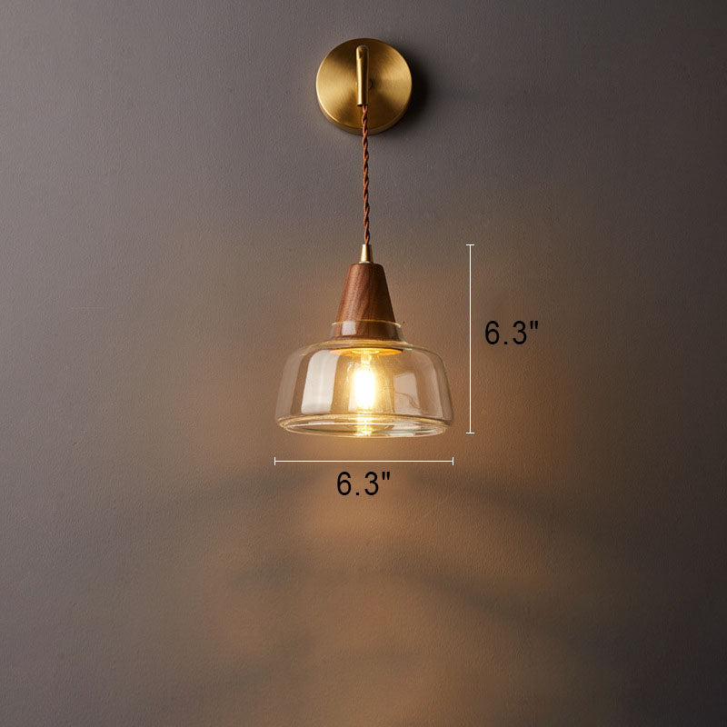 Traditional Japanese Walnut Glass  Copper Cylinder 1-Light Wall Sconce Lamp
