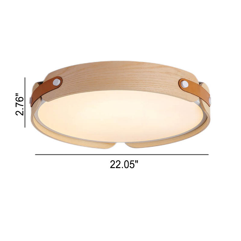 Modern Minimalist Solid Wood Round Leather Design LED Flush Mount Ceiling Light