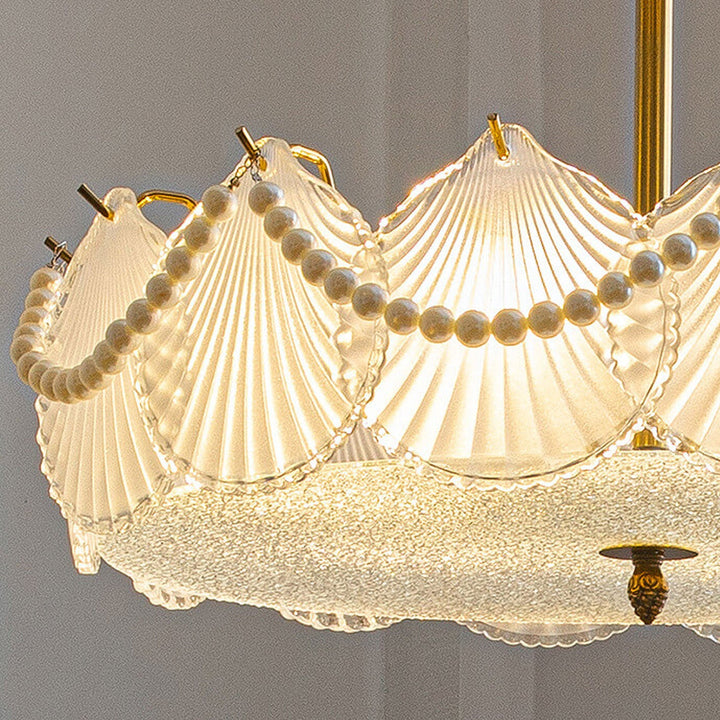 Lámpara de araña de concha de vidrio con perlas redondas de lujo ligero francés de 5/6/8 luces 