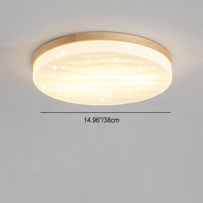 Modern Minimalist Solid Wood Edging PVC Round Shade LED Flush Mount Ceiling Light For Living Room