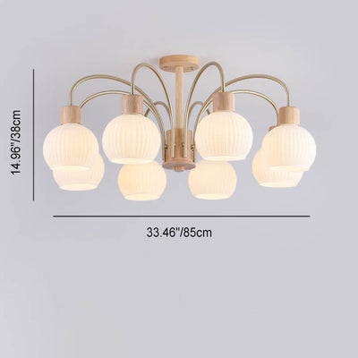 Modern Cream Round Lantern Iron Solid Wood Glass 6/8 Light Chandelier